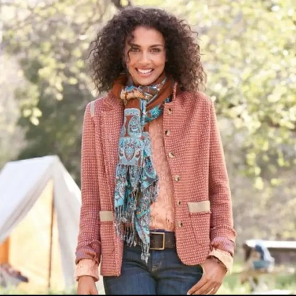 Sundance Town and Country Rust Tweed Fringe Blazer Jacket Size 6